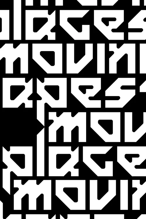 Black and white pattern with the repeated words 'places moving' in a bold, geometric font.