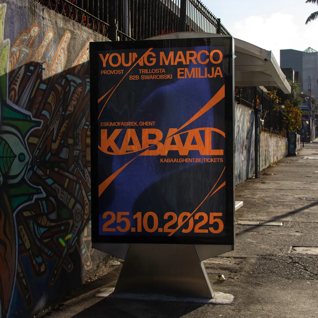 Outdoor poster for a music event called KABAAL on 25.10.2025, featuring artists Young Marco, Emilija, Provost, Trillosta, and B2B Swarovski in Ghent.