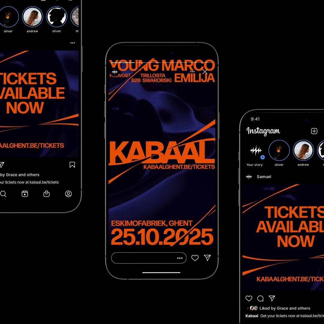 Instagram post on smartphone screens promoting Kabaal event with Young Marco, Emilija, and others on 25.10.2025 at Eskimofabriek, Ghent; tickets available at kabaalghent.be/tickets.