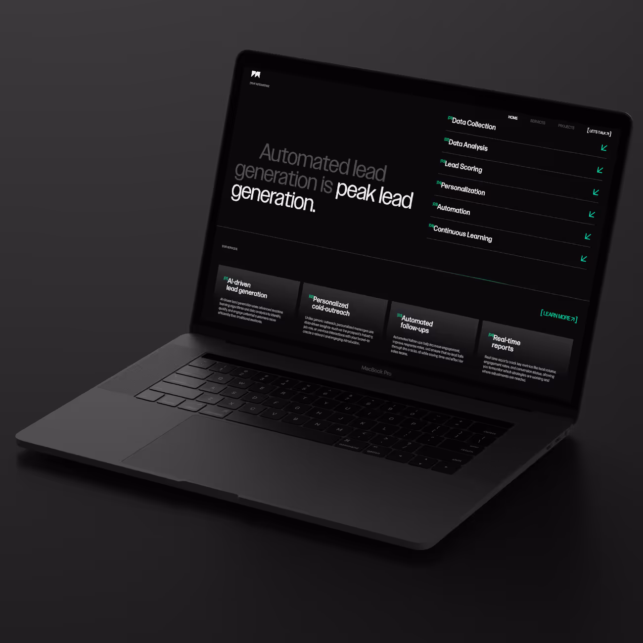 Open MacBook Pro laptop displaying a dark-themed webpage about automated lead generation with sections on AI-driven lead generation, personalized cold outreach, automated follow-ups, and real-time reports.