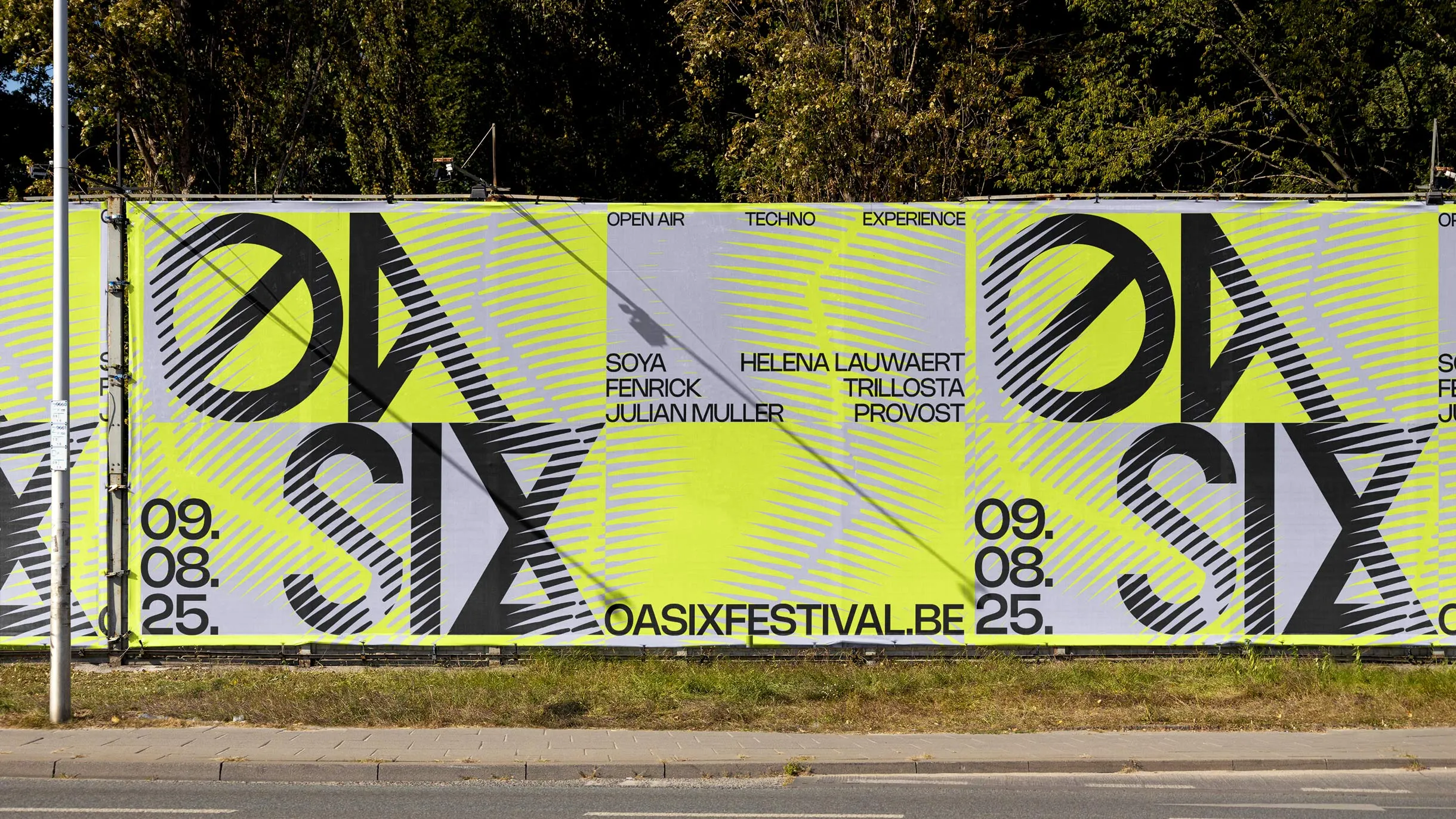Outdoor banner for OASIX open air techno festival with artist names and event date 09.08.25.