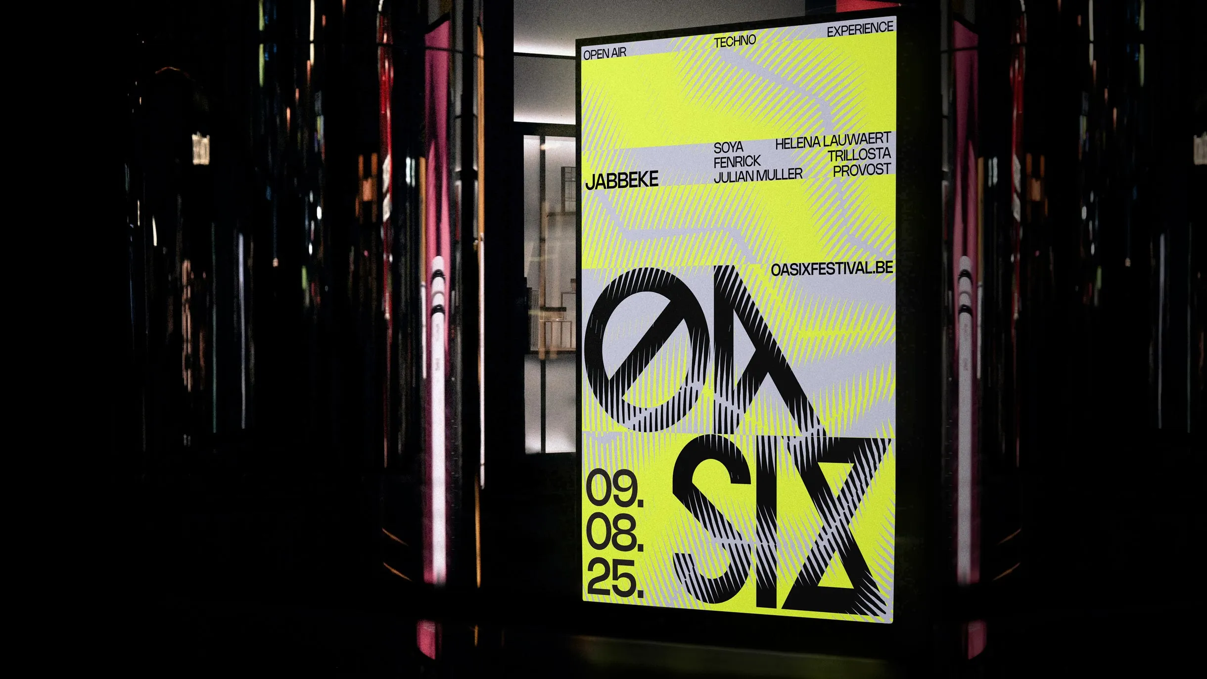 Bright yellow and gray poster for OASIX techno open air festival featuring artist names and date 09.08.25.