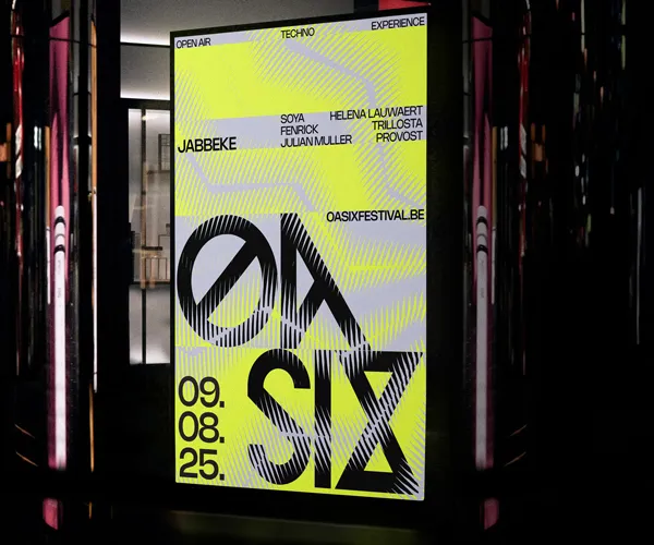Digital poster with yellow and black design displaying OASIX techno festival details including artists and date 09.08.25 in a dark setting.