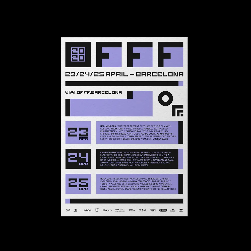 Poster for OFFF 2020 festival in Barcelona from April 23 to 25 featuring event details and participating artists in black and purple design.