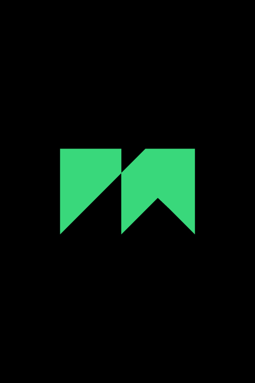 Abstract green geometric shapes forming an angular, stylized 'M' on a black background.