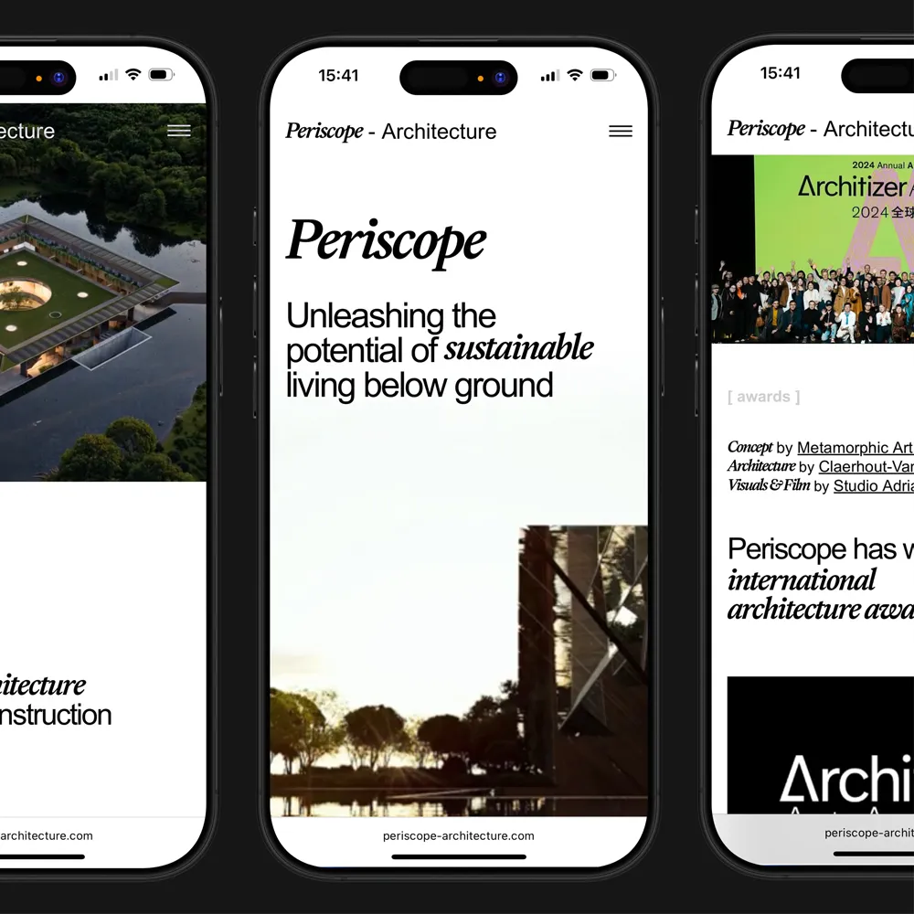 Three smartphones displaying Periscope Architecture website pages, highlighting sustainable living below ground and international architecture awards.