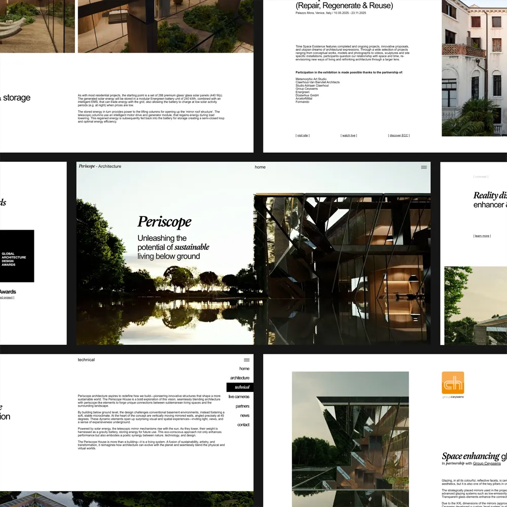 Website layout showing Periscope architecture project featuring sustainable underground living with images of modern mirrored structures and nature.