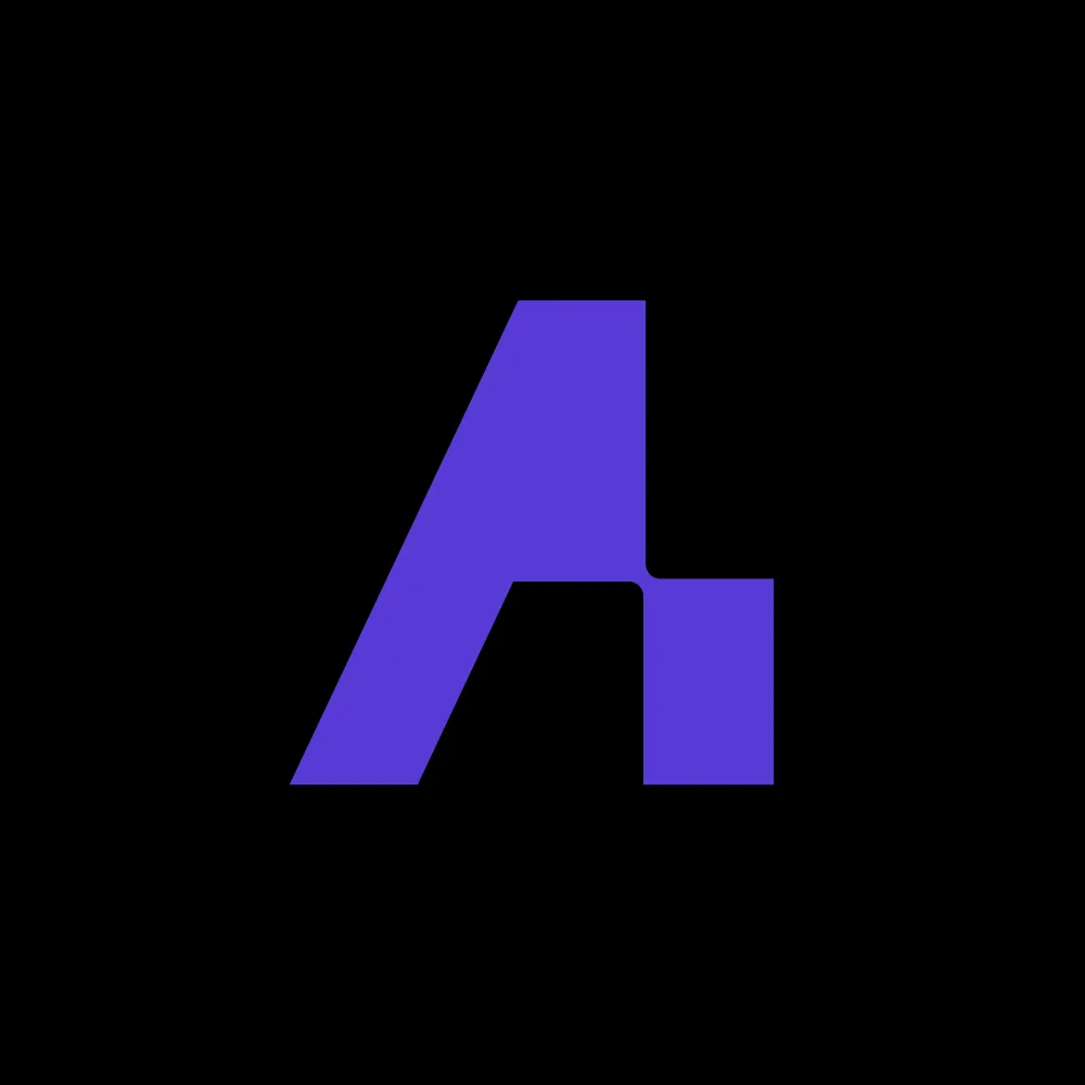 Stylized purple letter A on a black background.