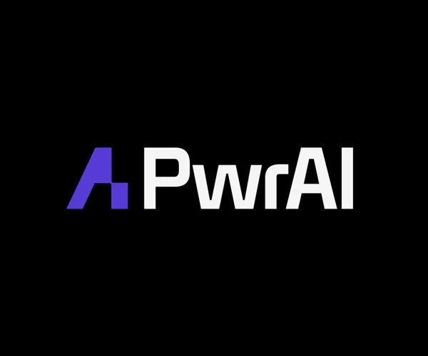PwrAI logo with stylized purple letter A on a black background.